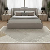 Dijital Baskılı Kahve–Bej Modern Halı – Kaymaz Tabanlı Geometrik Desenli Kolay Temizlenebilir thumbnail 3