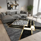 Gri ve Altın renklerde Modern Geometrik Desenli Dijital Baskılı Halı – Kaymaz Tabanlı, Üçgen ve Elmas Formlu Şık Salon ve Oda Halısı thumbnail 1