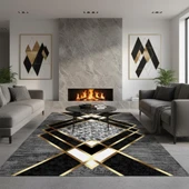 Gri ve Altın renklerde Modern Geometrik Desenli Dijital Baskılı Halı – Kaymaz Tabanlı, Üçgen ve Elmas Formlu Şık Salon ve Oda Halısı thumbnail 2