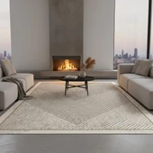 Dijital Baskılı Kahve–Bej Modern Halı – Kaymaz Tabanlı Geometrik Desenli Kolay Temizlenebilir thumbnail 2