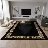 Siyah ve Altın Desenli Dijital Baskılı Halı Kaymaz Tabanlı Modern Geometrik Bordürlü Dekoratif Salon ve Oda Halısı thumbnail 1