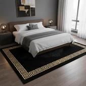 Siyah ve Altın Desenli Dijital Baskılı Halı Kaymaz Tabanlı Modern Geometrik Bordürlü Dekoratif Salon ve Oda Halısı thumbnail 3