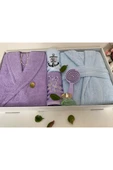 Çeyizlik Aile Bornoz Seti 4 Parça Lila - Mavi thumbnail 1