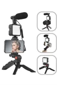 Tripod Telefon Tutucu Kumandalı Mikrofon Led Işık Vlog Video Kayıt thumbnail 3