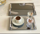 Dekoratif Aynalı Yaprak Desenli Sunum Tepsisi, Çay Tepsisi ,lüx Çay Tepsisi thumbnail 8