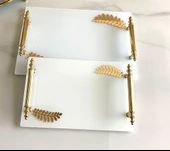 Dekoratif Aynalı Yaprak Desenli Sunum Tepsisi, Çay Tepsisi ,lüx Çay Tepsisi thumbnail 5