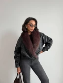 Bordo Kürk Yakalı Siyah Deri Mont thumbnail 1