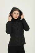 Kadın Siyah Kapüşonlu Cepli Rahat Termal Kontrast Şişme Mont thumbnail 6