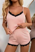 Kadın Pembe Alt Ve Üst Dantel Detaylı Şortlu Gecelik Takımı thumbnail 6