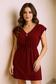 Kadın Bordo Yanları Yırtmaçlı Tokalı V Yaka Mini Plaj Elbisesi thumbnail 5
