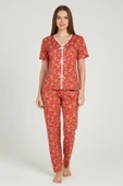 Kadın Turuncu Kalp Desenli Fiyonklu Kısa Kollu Uzun Pijama Takımı thumbnail 1