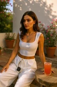 Kadın Beyaz Kare Yaka Kalınlaşan Omuz Detaylı Crop Top Bluz - Şık, Rahat ve Kolay Kombinlenebilir thumbnail 3