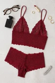 Kadın Bordo Dantel Bralet Şort Takımı - Asil ve Sofistike İç Giyim thumbnail 1