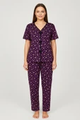Kadın Mor Kalp Desenli Fiyonklu Kısa Kollu Uzun Pijama Takımı thumbnail 2