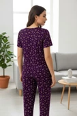 Kadın Mor Kalp Desenli Fiyonklu Kısa Kollu Uzun Pijama Takımı thumbnail 8