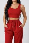 Kadın Kırmızı Kaşkorse Cepli Jogger Eşofman Altı ve Crop Top Bluz thumbnail 4