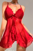 Kadın Kırmızı Dantelli, Fırfırlı Tül ve Fiyonk Detaylı Tangalı Gecelik Takımı - Modern, Konforlu thumbnail 1