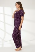 Kadın Mor Kalp Desenli Fiyonklu Kısa Kollu Uzun Pijama Takımı thumbnail 3