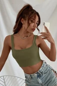 Kadın Haki Yeşili Kalın Askılı Crop Top Büstiyer - Modern ve Şık Tasarım thumbnail 5