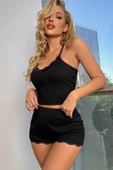 Kadın Siyah Alt Ve Üst Dantel Detaylı Şortlu Gecelik Takımı thumbnail 1