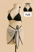 Kadın Siyah Beyaz Pareolu Yandan ve Boyundan Bağlamalı 3'lü Bikini Takımı thumbnail 2