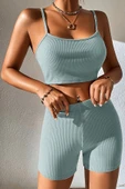 Kadın Açık Mavi Şortlu Kaşkorse Gecelik Takım - Modern, Konforlu ve Günlük Kombinlere Uygun thumbnail 6