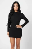 Kadın Siyah Kaşkorse Balıkçı Yaka Uzun Kollu Bodycon Mini Elbise thumbnail 2