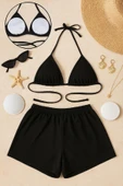 Kadın Siyah Şortlu Belden ve Boyundan Bağlamalı Bikini Takımı thumbnail 3
