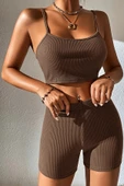 Kadın Kahverengi Şortlu Kaşkorse Gecelik Takım - Modern, Konforlu ve Günlük Kombinlere Uygun thumbnail 5