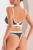Kadın Gri Antrasit Kaşkorse ve Beyaz Lastikli Cut-Out Tanga Külotlu Takım - Modern, Konforlu thumbnail 5