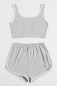 Kadın Gri Askılı Crop Top ve Şortlu Gecelik Takım thumbnail 3