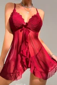 Kadın Bordo Dantelli, Fırfırlı Tül ve Fiyonk Detaylı Tangalı Gecelik Takımı thumbnail 1