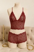 Kadın Bordo Dantel Bralet Şort Takımı - Asil ve Sofistike İç Giyim thumbnail 3