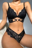 Kadın Siyah Kalp Tokalı Çapraz Lastik Detaylı Dantel İç Çamaşır Takımı thumbnail 5