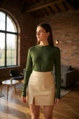 Kadın Haki Yeşili Parmak Detaylı Esnek Uzun Kollu Body thumbnail 3