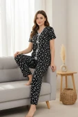 Kadın Siyah Kalp Desenli Fiyonklu Kısa Kollu Uzun Pijama Takımı thumbnail 7