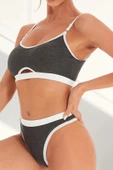 Kadın Gri Antrasit Kaşkorse ve Beyaz Lastikli Cut-Out Tanga Külotlu Takım - Modern, Konforlu thumbnail 1