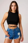 Kadın Siyah Çapraz Bağlamalı Crop Top Büstiyer - Modern ve Şık Tasarım thumbnail 1