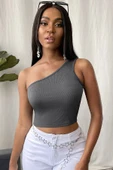 Kadın Koyu Gri Tek Omuz Crop Büstiyer - Modern ve Şık Tasarım thumbnail 3