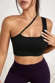 Kadın Siyah Tek Omuzlu Çapraz Askılı Crop Top Büstiyer - Modern ve Şık Tasarım thumbnail 1