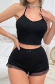 Kadın Siyah Kaşkorse Sırt ve Bacak Kısmı Puantiyeli Şortlu Gecelik Takım - Modern, Konforlu thumbnail 4