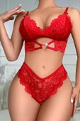 Kadın Kırmızı Kalp Tokalı Çapraz Lastik Detaylı Dantel İç Çamaşır Takımı - Modern, Konforlu thumbnail 5