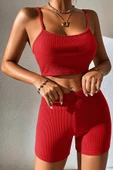 Kadın Kırmızı Şortlu Kaşkorse Gecelik Takım - Modern, Konforlu ve Günlük Kombinlere Uygun thumbnail 6