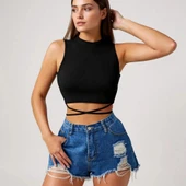 Kadın Siyah Çapraz Bağlamalı Crop Top Büstiyer - Modern ve Şık Tasarım thumbnail 2