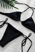 Kadın Siyah Yandan Bağlamalı Tangalı Üçgen Bikini Mayo Takımı thumbnail 4