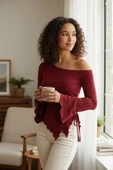 Kadın Bordo Uzun İspanyol Kollu Asimetirik Yaka Yandan Bağlamalı Drapeli Bluz thumbnail 1