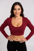 Kadın Bordo Uzun Kol Kare Yaka Crop Top Bluz thumbnail 4
