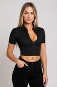 Kadın Siyah Yarım Fermuarlı ve Kısa Kollu Crop Top Bluz thumbnail 2