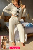 Kadın Beyaz Fiyonklu İç Çamaşırı ve Uzun Kollu V Yaka Pijama Takımı 4'lü Set thumbnail 4