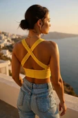 Kadın Sarı Çapraz Sırt Detaylı Şık Crop Top Büstiyer - Modern ve Şık Tasarım thumbnail 7
